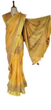 Linen Hand Block Printed Saree SILK ZONE
